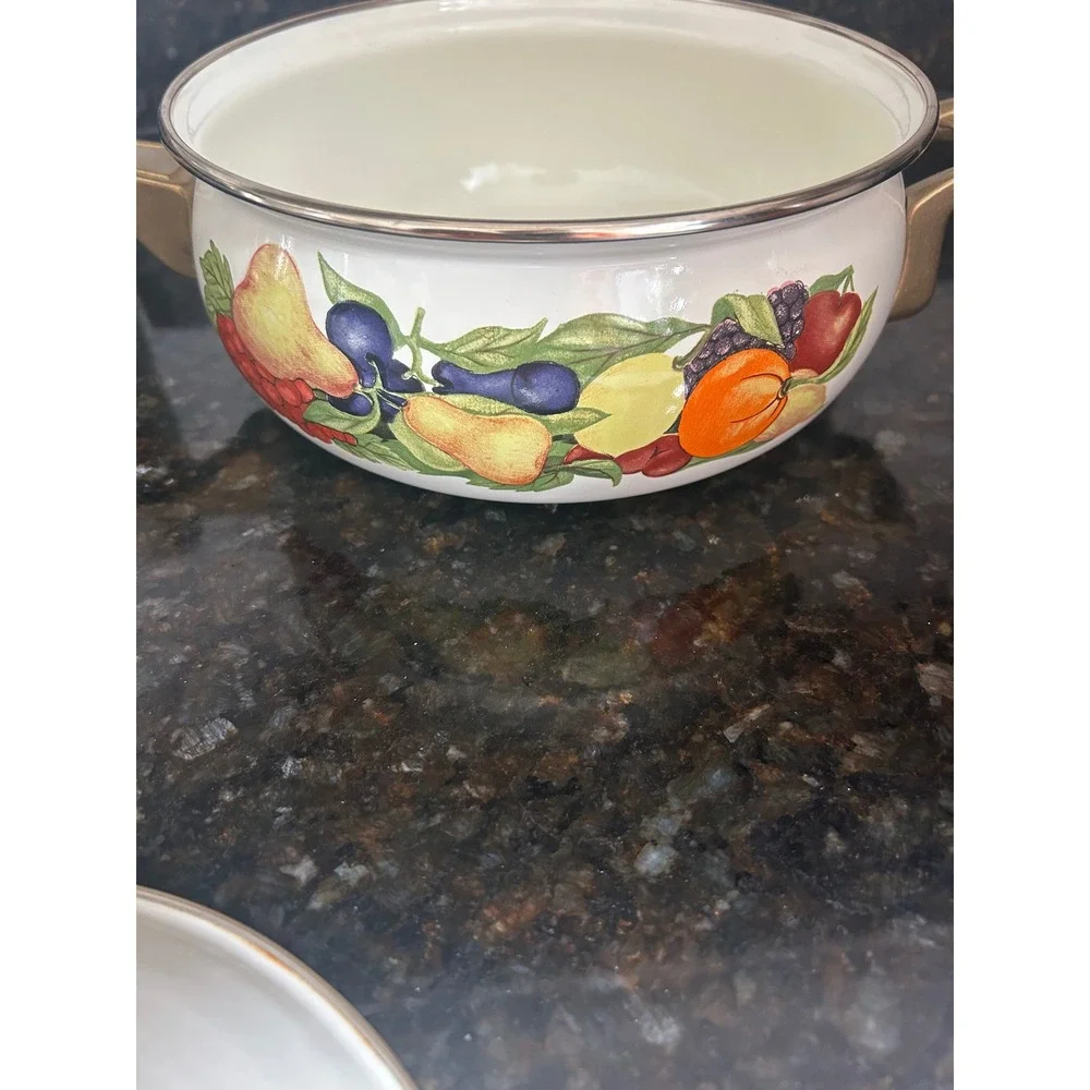 Regency Club Enamelware Saucepan with Lid Fruit Motif Gold Handles Vintage Style